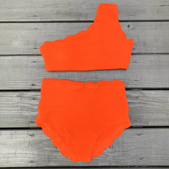 Zaful High Waisted Scalloped One Shoulder Bikini Set - Bright Orange Size 2 - Picture 2 of 11